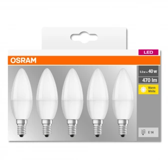 Set 5 becuri LED Osram Base Classic B40, E14, 5.5W (40W), 470 lm, A+, temperatura lumina calda (2700K)