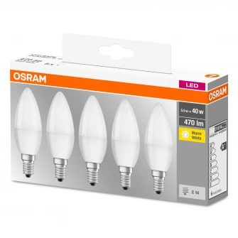 Set 5 becuri LED Osram Base Classic B40, E14, 5.5W (40W), 470 lm, A+, temperatura lumina calda (2700K)
