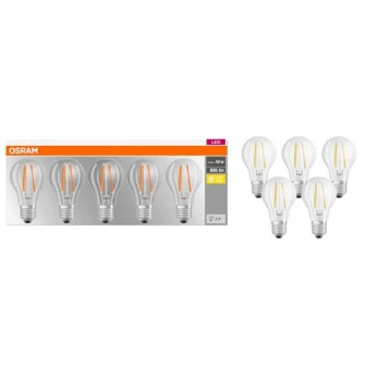 Set 5 becuri LED Osram Base Filament A60, E27, 7W (60W), 806 lm, A++, lumina calda (2700K)