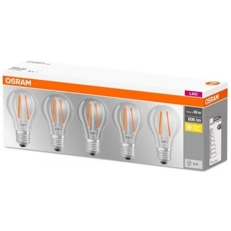 Set 5 becuri LED Osram Base Filament A60, E27, 7W (60W), 806 lm, A++, lumina calda (2700K)