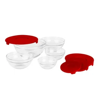 Set 5 boluri Vanora, cu capac, sticla, Rosu