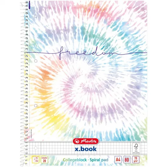 Set 5 Caiet Herlitz, A4, cu spira simpla, 80 file, 70 g/mp, perforatii si microperforatii, liniat dublu, patratele, motiv Batik Freedom