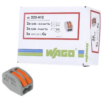 Set 50 cleme (conectori) Wago 2.5mmp 222-412, compact, borna cu arc, cablu litat, 2 fire, 32A