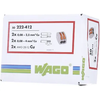 Set 50 cleme (conectori) Wago 2.5mmp 222-412, compact, borna cu arc, cablu litat, 2 fire, 32A