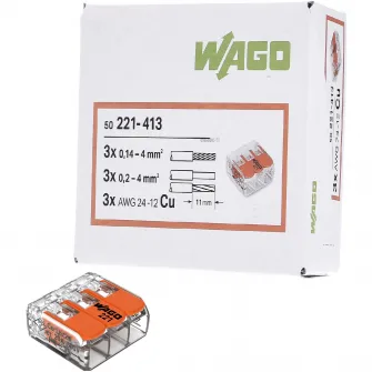 Set 50 cleme (conectori) Wago 4 mmp 221-413, compact, borna cu arc, cablu litat, 3 fire, 32A