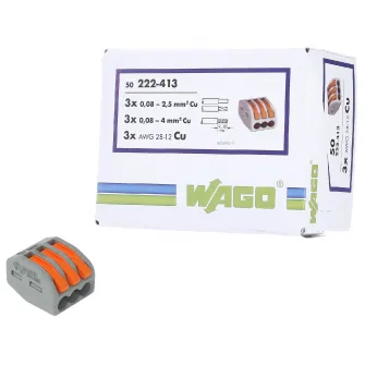 Set 50 cleme (conectori) Wago 4mmp 222-413, clasic, borna cu arc, cablu litat, 3 fire, 32A