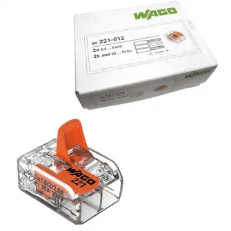Set 50 cleme (conectori) Wago 6 mmp 221-612, compact, borna cu arc, cablu litat, 2 fire, 41A