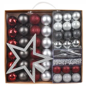 Set 50 de ornamente de brad Kring, globuri, ghirlanda si varf, plastic, Rosu/Argintiu