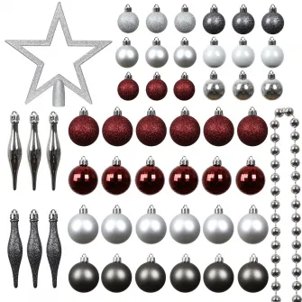 Set 50 de ornamente de brad Kring, globuri, ghirlanda si varf, plastic, Rosu/Argintiu