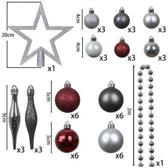 Set 50 de ornamente de brad Kring, globuri, ghirlanda si varf, plastic, Rosu/Argintiu