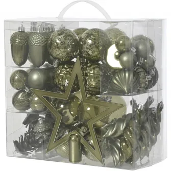 Set 59 globuri asortate si varf de brad Decoris, plastic, finisaje diverse, verde