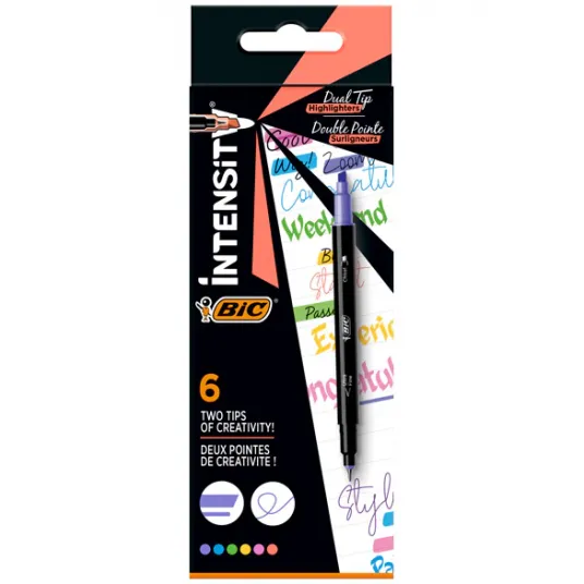 Set 6 bucati evidentiator si fineliner BIC Intensity Dual Tip, asortat, blister
