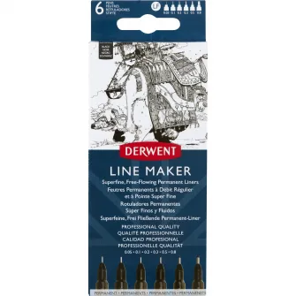 Set 6 linere Derwent Professional, dimensiuni diferite, varf subtire si uscare rapida, calitate premium, negru