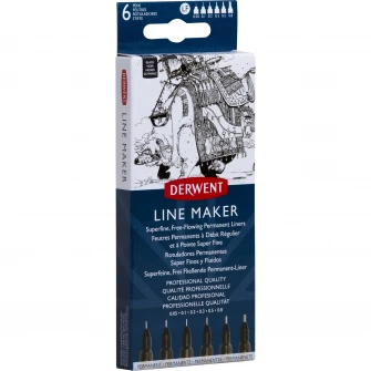 Set 6 linere Derwent Professional, dimensiuni diferite, varf subtire si uscare rapida, calitate premium, negru