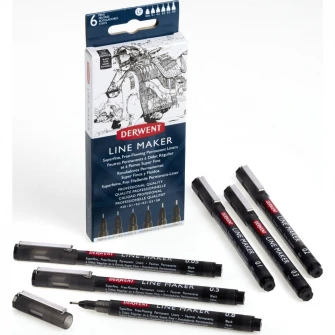 Set 6 linere Derwent Professional, dimensiuni diferite, varf subtire si uscare rapida, calitate premium, negru