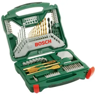 Set 70 accesorii Bosch X-line Titanium, biti, chei tubulare, adaptor chei tubulare, burghie titan, metal, piatra si lemn