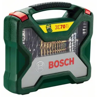 Set 70 accesorii Bosch X-line Titanium, biti, chei tubulare, adaptor chei tubulare, burghie titan, metal, piatra si lemn
