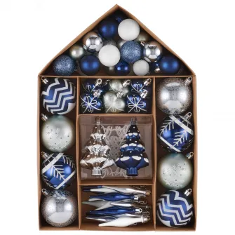 Set 70 de ornamente brad Kring, diverse forme si dimensiuni, Albastru/Alb