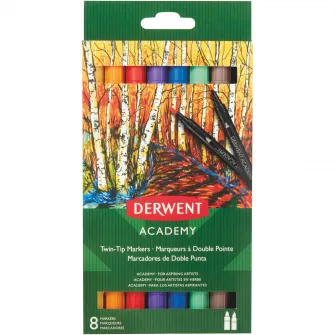 Set 8 carioci Derwent Academy™ cu 2 capete, calitate superioara, pentru artisti aspiranti, 1 varf tip pensula si 1 varf fin