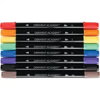 Set 8 carioci Derwent Academy™ cu 2 capete, calitate superioara, pentru artisti aspiranti, 1 varf tip pensula si 1 varf fin