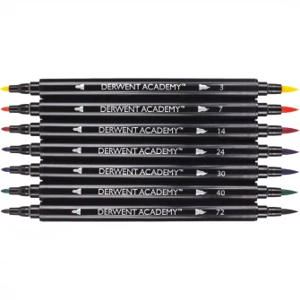 Set 8 carioci Derwent Academy™ cu 2 capete, calitate superioara, pentru artisti aspiranti, 1 varf tip pensula si 1 varf fin
