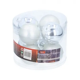Set 8 globuri decorative, diametru 8 cm, plastic, finisaje lucios/satinat, argintiu
