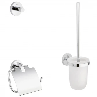 Set accesorii baie Grohe Essentials City 3 in 1, perie WC cu suport, suport hartie igienica, cuier prosop, fixare ascunsa, crom