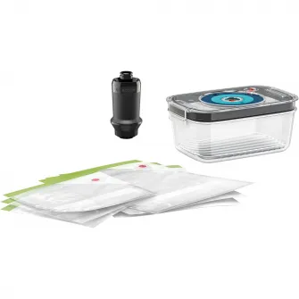 Set accesorii blender de mana ErgoMixx Bosch cu vacuum: pompa vacuum, casoleta pt vacuumare, 3 pungi mici si 3 pungi mari pt vacuum.