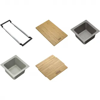 Set accesorii chiuveta Franke All in Plus, Sistem Telescopic, Tocator Bambus, Tavita mica perforata, Tavita multifunctionala, Capac bambus
