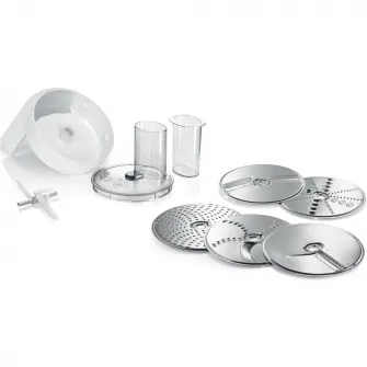 Set accesorii compatibil cu robotii de bucatarie MUM5 Bosch: cinci discuri pentru maruntirea, razuirea si felierea rapida a diferitelor ingrediente
