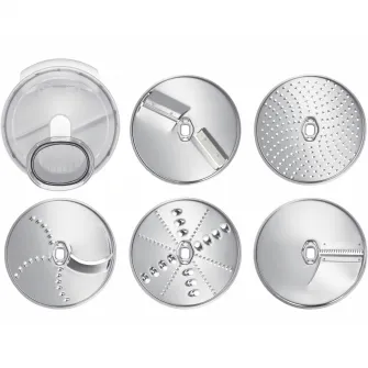 Set accesorii compatibil cu robotii de bucatarie MUM5 Bosch: cinci discuri pentru maruntirea, razuirea si felierea rapida a diferitelor ingrediente