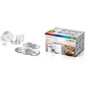Set accesorii compatibil cu robotii de bucatarie MUM5 Bosch: cinci discuri pentru maruntirea, razuirea si felierea rapida a diferitelor ingrediente