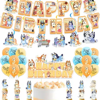 Set accesorii pentru petrecere Tyrael-SEA, tematica Bluey Orange/Blue, steaguri cu litere, baloane, multicolor