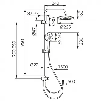 Set bara dus Ferro, cu suport culisant, dus fix 225mm, para dus mobila 120mm, 1 functie, furtun dus 150 cm, Crom