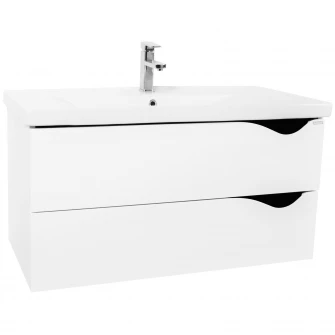 Set baza mobilier suspendat + lavoar ceramic Badenmob Seria 097, cu sertare, 80 cm, Alb
