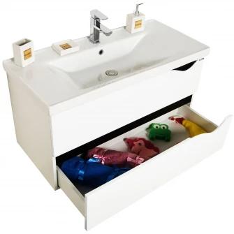 Set baza mobilier suspendat + lavoar ceramic Badenmob Seria 097, cu sertare, 80 cm, Alb