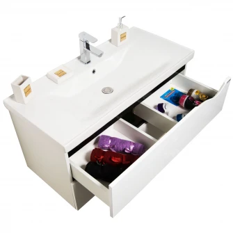 Set baza mobilier suspendat + lavoar ceramic Badenmob Seria 097, cu sertare, 80 cm, Alb