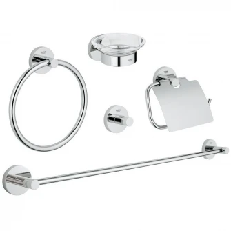 Set complet 5 in 1 accesorii de baie Grohe Essentials, bara prosop 600 mm, fixare perete ascunsa, Crom