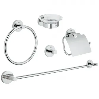Set complet 5 in 1 accesorii de baie Grohe Essentials, bara prosop 600 mm, fixare perete ascunsa, Crom