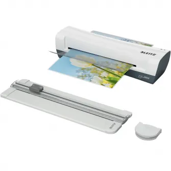 Set crafting Leitz, 4 in 1, include laminator Leitz iLAM Home A4, trimmer, rotunjitor, 5 folii laminare A4, alb
