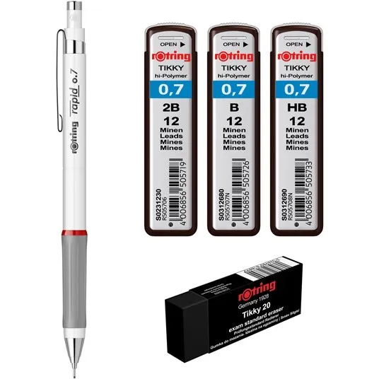 Полупрофессиональный набор механических карандашей Rotring Rapid XL 0.7 белый + набор из 3-х пеналов 0.7 (2b, b, hb) + ластик Экзамен 20