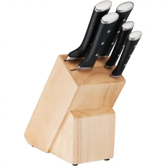 Set de 5 cutite Tefal Ice Force, suport lemn, cutit paine 20 cm, cutitul bucatarului 20 cm, cutit Santoku 18 cm, cutit universal 11 cm, cutit decojit 7 cm