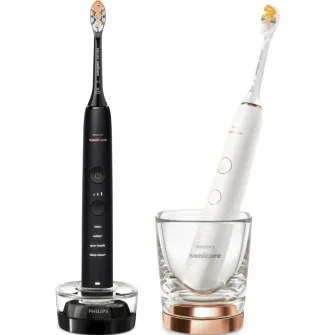 Set de doua periute sonice Philips Sonicare HX9914/69 Diamond Clean 9000 HX9914/69, 4 moduri de periere, 3 intensitati, 1 suport, 1 pahar, alb/negru/auriu