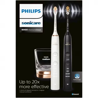 Set de doua periute sonice Philips Sonicare HX9914/69 Diamond Clean 9000 HX9914/69, 4 moduri de periere, 3 intensitati, 1 suport, 1 pahar, alb/negru/auriu