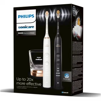 Set de doua periute sonice Philips Sonicare HX9914/69 Diamond Clean 9000 HX9914/69, 4 moduri de periere, 3 intensitati, 1 suport, 1 pahar, alb/negru/auriu