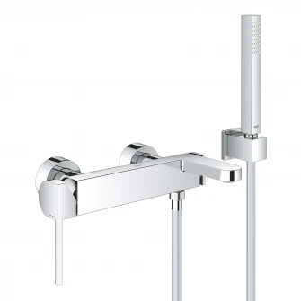 Set de dus Grohe Plus 33547003, 1/2'', monocomanda, cartus ceramic, para dus Stick, suport de perete, furtun SilverFlex 1.5 m, elemente fixare ascunse, limitator, crom