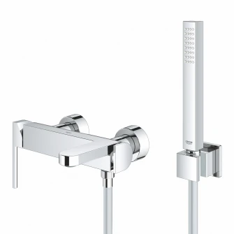 Set de dus Grohe Plus 33547003, 1/2'', monocomanda, cartus ceramic, para dus Stick, suport de perete, furtun SilverFlex 1.5 m, elemente fixare ascunse, limitator, crom