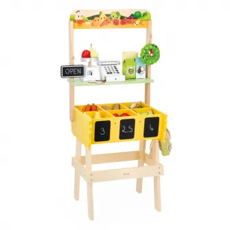 Set de joaca Janod - Stand de vanzare cu produse de la ferma, din lemn, 32 accesorii