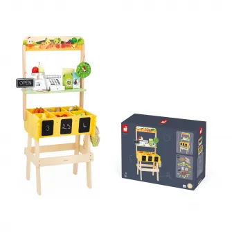 Set de joaca Janod - Stand de vanzare cu produse de la ferma, din lemn, 32 accesorii