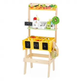 Set de joaca Janod - Stand de vanzare cu produse de la ferma, din lemn, 32 accesorii
